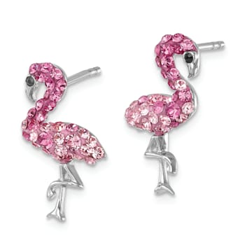 Rhodium Over Sterling Silver Polished Pink Crystal Flamingo Post Earrings