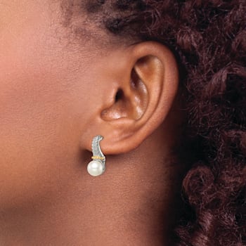 Sterling Silver Rhodium-plated with 14K Accent 7-8mm Freshwater Cultured
Pearl Post Earrings