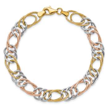 14k tri-color gold 8.5mm Textured 3D Fancy Double Link Bracelet