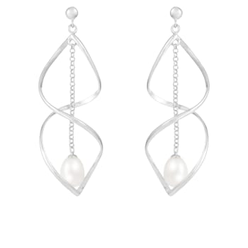 8-9mm White Cultured Freshwater Pearl Rhodium Over Sterling Silver Earrings