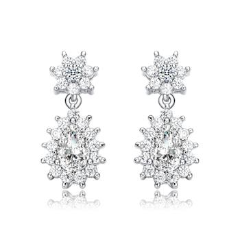 Pear Shape CZ Flower Cluster Drop Earrings In White Rhodium Over Brass