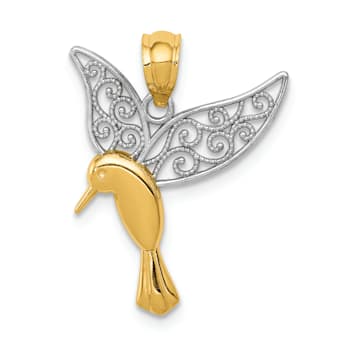 14K Two-tone Gold Polished Hummingbird Filigree Wings Pendant