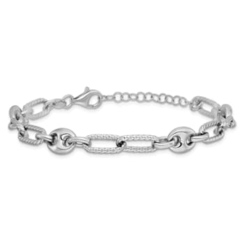 Rhodium Over Sterling Silver 7-inch with 1-inch Extension Fancy Link Bracelet
