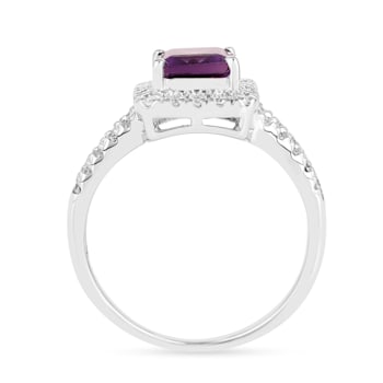 Amethyst with Moissanite Accents Rhodium Over Sterling Silver Split
Shank Ring