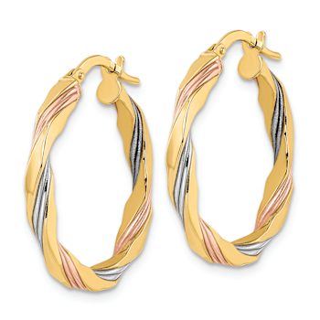 14k Yellow Gold and Rhodium Over 14k Yellow Gold 1 1/16" Polished
Textured Twisted Hoop Earrings