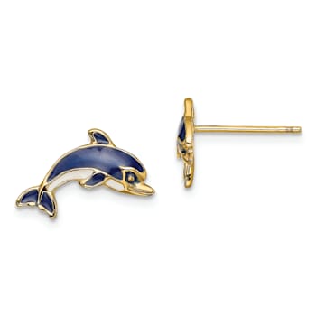 14k Yellow Gold Blue and White Enameled Dolphin Stud Earrings