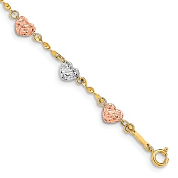 14K Tri-color Diamond-cut Puff Heart Bracelet