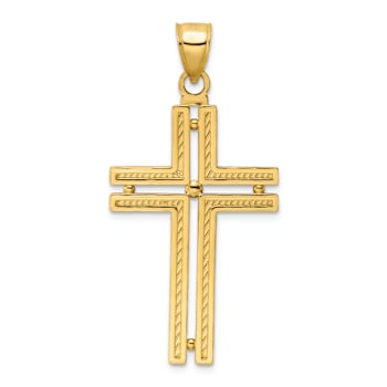 14k Yellow Gold Polished Beaded Textured Cross Pendant