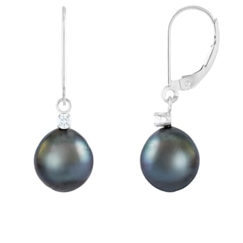 14k white gold leverback earrings with .10CT DTW and 8-9mm Tahitian pearls