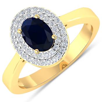 1.06ctw Blue Sapphire and Diamond 14K Yellow Gold Halo Ring