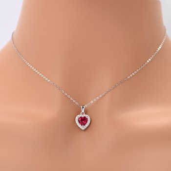 Red Lab Created Ruby With Moissanite Accents Rhodium Over Silver Heart Pendant