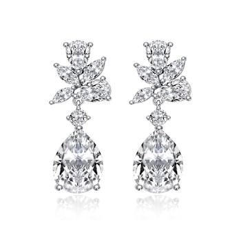 Pear Shape CZ Cluster Drop Earrings In White Gold Over Brass