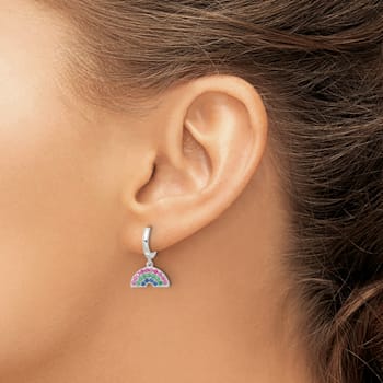 Sterling Silver E-Coating Multicolor CZ Dangle Rainbow Hoop Earrings
