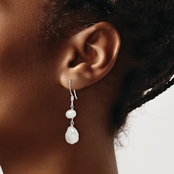 Sterling Silver Polished White Freshwater Cultured Pearl Dangle Earrings
