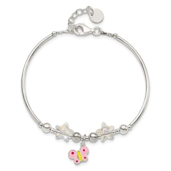 Sterling Silver Enamel Crystal Butterfly Stars with 1-inch Extension Bracelet