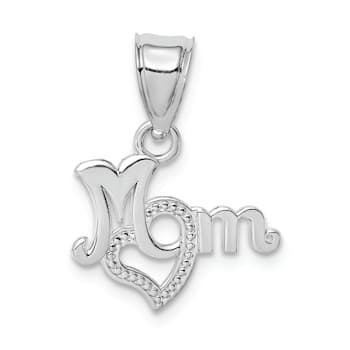 Rhodium Over 14k White Gold Textured MOM with Heart Pendant