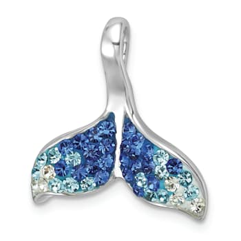 Rhodium Over Sterling Silver Polished Crystal Whales Tail Pendant