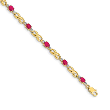 14k Yellow Gold and Rhodium Over 14k Yellow Gold Diamond and Oval Ruby Bracelet