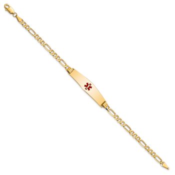 14k Yellow Gold Medical Soft Diamond Shape Red Enamel Flat Figaro Link
ID Bracelet