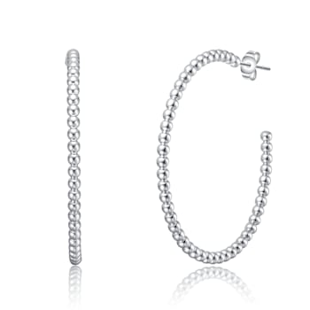 Modern Texture Bead C-Hoop Earrings In Rhodium Over Brass