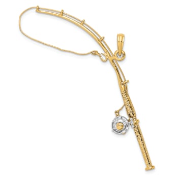14k Two-tone Gold 3D Moveable Fishing Pole with Reel Charm