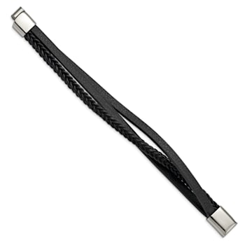 Black Leather and Stainless Steel Polished Multi-Strand 8.25-inch Bracelet