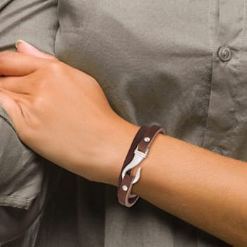 Brown Leather and Stainless Steel Wrap Bracelet