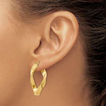 14k Yellow Gold Twisted Textured 1 3/16" Oval Hoop Earrings