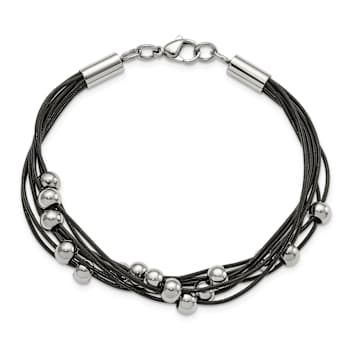 Black Leather and Stainless Steel Polished Beaded Multi-Strand 8-inch Bracelet