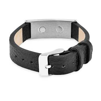 Mens Black Leather and Stainless Steel Bracelet