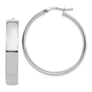 Rhodium Over 14k White Gold 1 3/8" High Polished Hoop Earrings