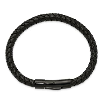 Stainless Steel Polished Black Ion Plated Black Leather 8.25-inch Bracelet