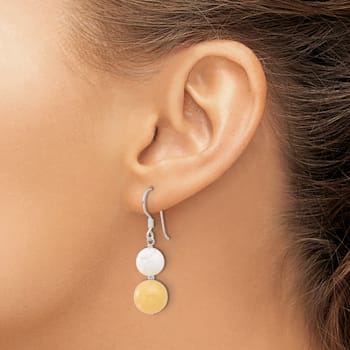 Sterling Silver Polished White Howlite and Yellow Jadeite Dangle Earrings