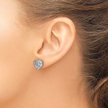 Rhodium Over 14k White Gold Diamond Heart Stud Earrings