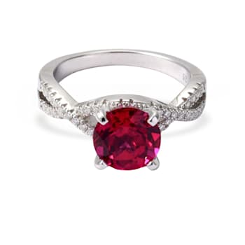 Red Lab Created Ruby with Moissanite Accent Rhodium Over Sterling Silver Ring