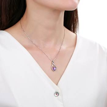 Round Amethyst and White Sapphire Sterling Silver Pendant With Chain
