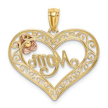 14K Tri-color Gold Diamond-Cut MOM in Heart with Rose Pendant