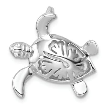 Rhodium Over Sterling Silver Polished Flower Back Turtle Chain Slide Pendant