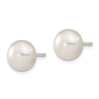 Sterling Silver White Freshwater Cultured Pearl 9-10mm Button Earrings
