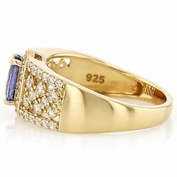 Tanzanite Oval And White Zircon Ring In 18K Gold Over Sterling Silver 1.37ctw
