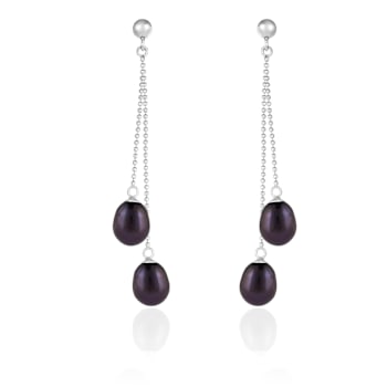 7-7.5mm Black Cultured Freshwater Pearl Rhodium Over Sterling Silver Earrings