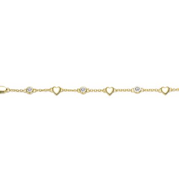 Heart Charm Station Bracelet With CZ In 14K Gold Over Brass