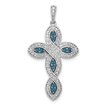 Rhodium Over 14K White Gold White and Blue Diamond Cross Pendant