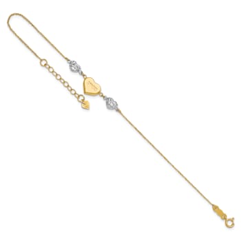 14k Two-tone Gold Puffed Love Heart and Diamond-Cut Hearts Bracelet