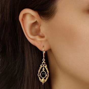 Gold Tone Teardrop With Oval Stone Leverback Earrings