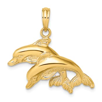 14k Yellow Gold Polished and Textured Double Dolphins Pendant