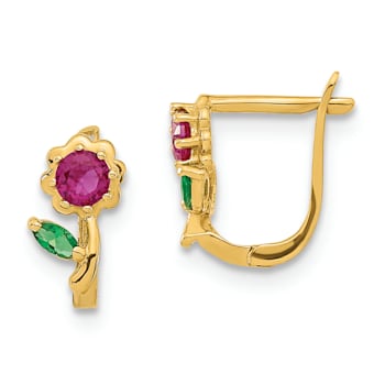14K Yellow Gold Polished Red and Green Cubic Zirconia Flower Hoops Earrings