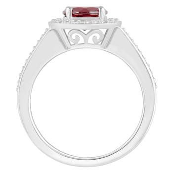 7mm Round Garnet 1/5 ctw Diamond Rhodium Over Sterling Silver Halo Ring