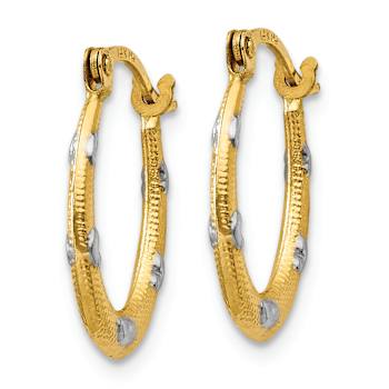14k Two-tone 11/16" Textured Oval with Hearts Hoop Earrings