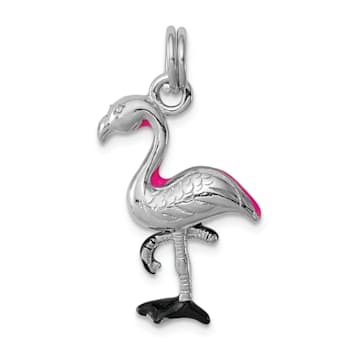 Rhodium Over Sterling Silver Hot Pink and Black Enameled Flamingo Charm